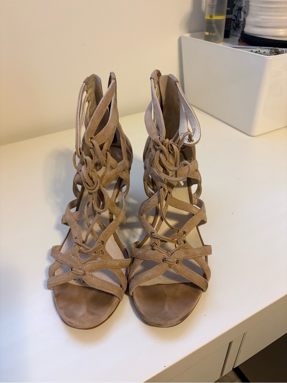 Kenneth Cole Beige Lace-Up Strappy Heeled Sandals
